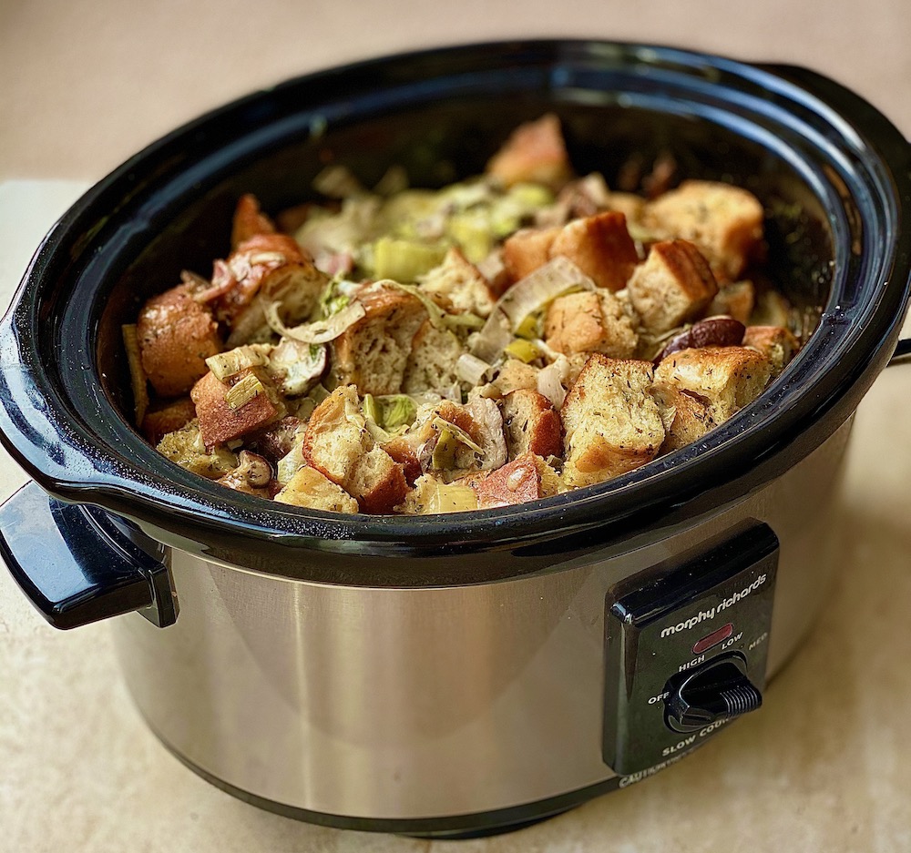 Thanksgiving Brunch Slow Cooker Leek, Herb & Mushroom Bread Pudding